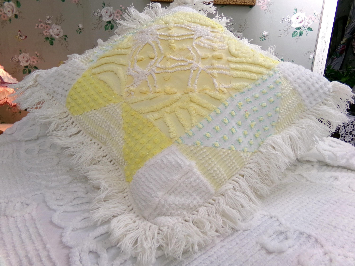 Vintage Chenille Patchwork Pillow | Reversible Mixed Yellow & White Prints, Fringe Accent | Boho Farmhouse Style, 17" x 18" w/ Insert