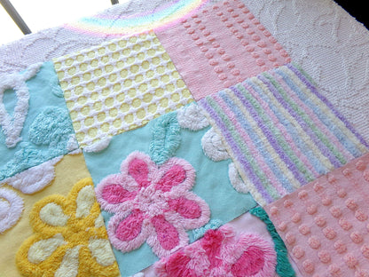 spring spirit chenille fabric squares, set of 16 pretty vintage pastel quilt blocks in rainbow pink, yellow, aqua florals & geometrics