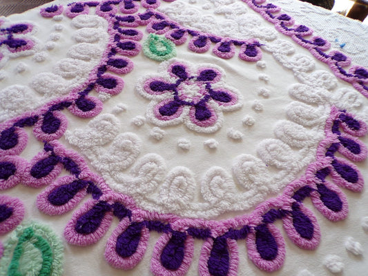 Lilac Blooms Vintage Chenille Fabric Piece, 27" x 29" inches, Lovely in Pillows & Quilts