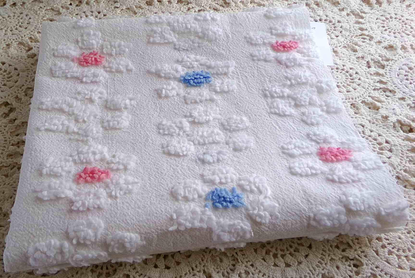 Cute Vintage Style Chenille Fabric, Y2K Daisy Pattern in White, Pink & Blue, 18" x 24" inch Piece, 100% Lightweight Cotton