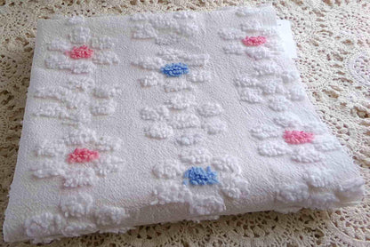 Cute Vintage Style Chenille Fabric, Y2K Daisy Pattern in White, Pink & Blue, 18" x 24" inch Piece, 100% Lightweight Cotton