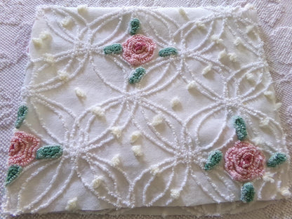 Shabby Cottage Rose Chenille Fabric, Vintage Thin Lightweight Cotton Sewing Material in Pink Florals on White, 21" x 26" inch Piece