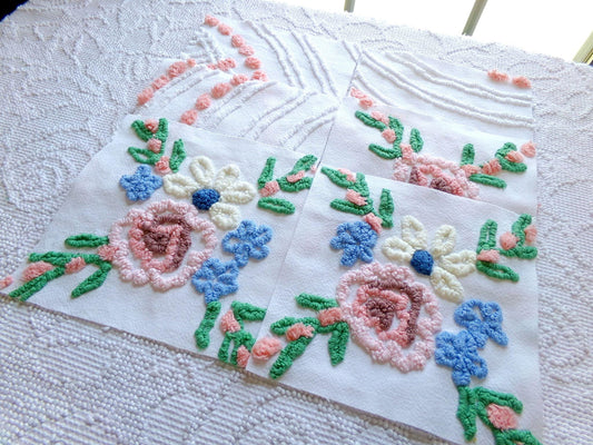 vintage 7.5" chenille fabric squares, set of 6 cottage style quilt blocks, peach, white rose floral & geometric for sewing, crafts, quilting