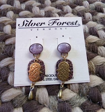 Amethyst Ivy Pierced Dangle Earrings, Artsy Boho Vintage Style Silver Forest Vermont Design, Semi-Precious Stones