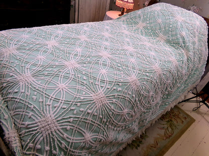 jade green pink rose vintage chenille bedspread, beautiful twin size shabby chic style bedding, great as a summer cottage coverlet