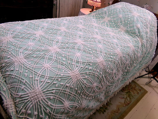 jade green pink rose vintage chenille bedspread, beautiful twin size shabby chic style bedding, great as a summer cottage coverlet