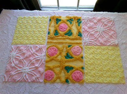 spring sun chenille fabric squares, 7.5" vintage quilt blocks, pink, gold, yellow floral & geometric, set of 6 for sewing, crafts, quilting