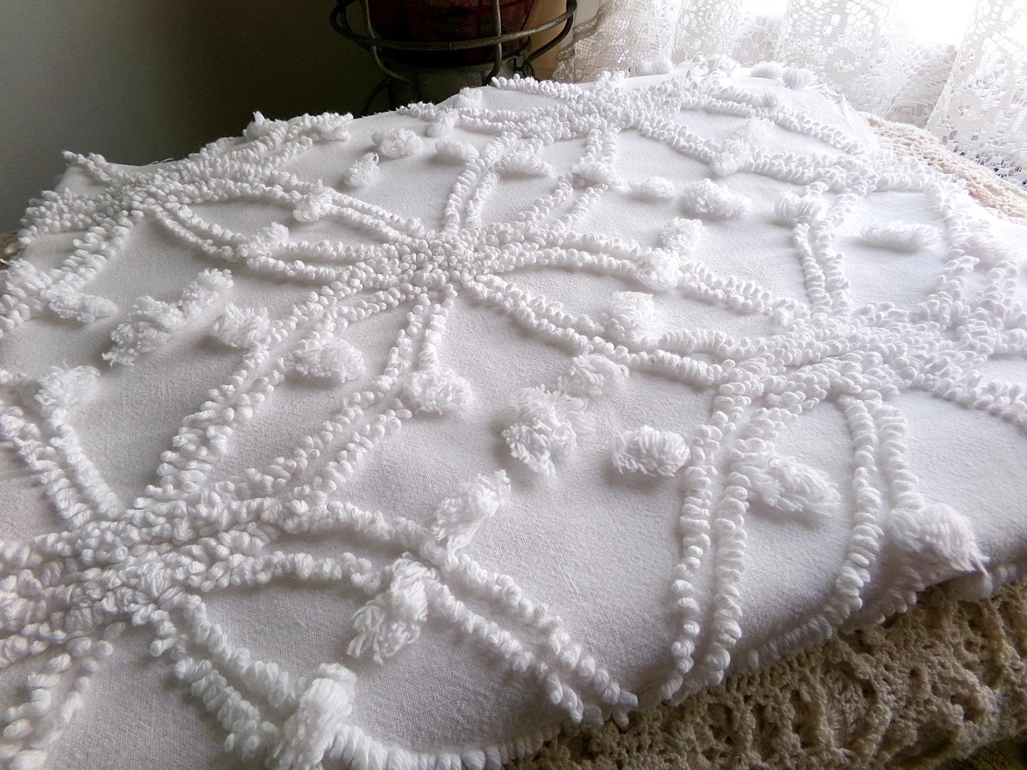 Traditional White Vintage Chenille Fabric in Classic Wedding Ring Pops Design, 20" x 25" Inch Piece, Versatile in Pillows, Quilts & Crafts
