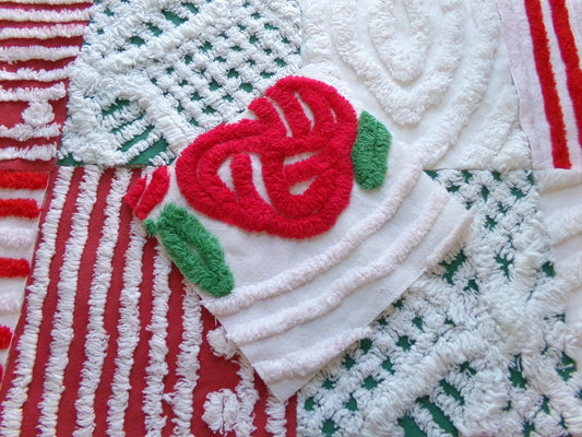 Holiday Melody Chenille Fabric Squares in Festive Christmas Red, Green & White Colors, Great for Xmas Quilts Set of 17 Vintage 6" Blocks