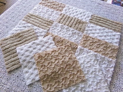 On Trend Neutral Chenille Fabric Squares for Quilting & Crafts in Versatile Sand, Vintage Mocha, White - 16 Rotary Cut Blocks, 6" x 6" inch