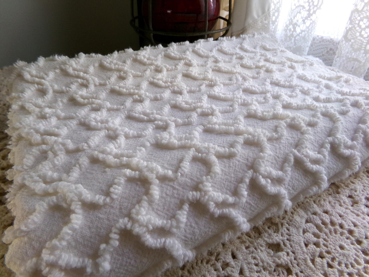 Gentle Cream Texturized Chenille Material, Squiggle Tuft, 20" x 25" inch Piece, Neutral Vintage Fabric for Handmade Quilts & DIY Pillows