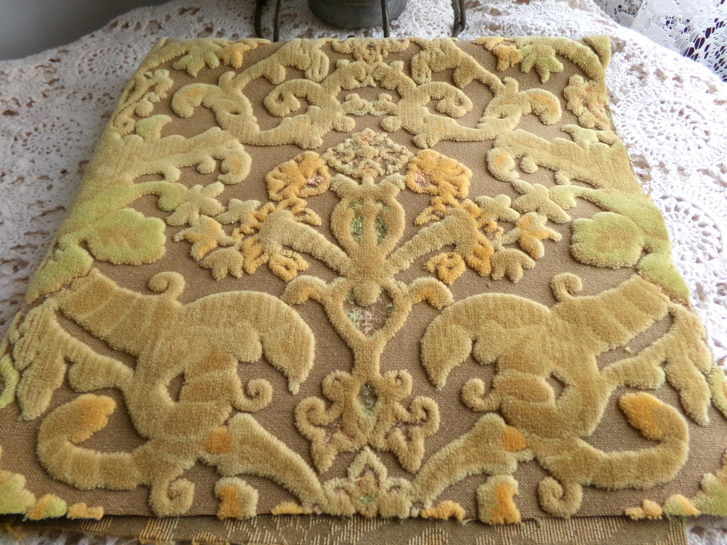 earthtones cut velvet fabric, distressed vintage Bates tapestry style chenille material, 20.5" x 15" piece, popular in boho bags