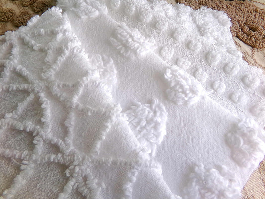 Snow White Chenille Fabric Squares Set, Rotary Cut from Vintage Bedspread Fabric, 16 Blocks, 6" x 6" inch ea, Dots, Pops, Diamond Patterns