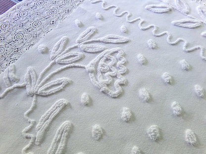 Farmhouse Floral White Vintage Chenille Fabric, 20" x 23" inch Piece, Timeless & Elegant