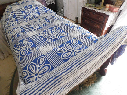 Shabby Chic Coastal Cottage Royal Blue Bold Floral Vintage Chenille Bedspread, FULL, Cotton