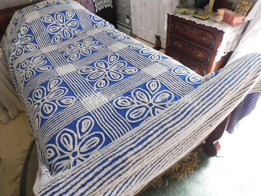 Shabby Chic Coastal Cottage Royal Blue Bold Floral Vintage Chenille Bedspread, FULL, Cotton