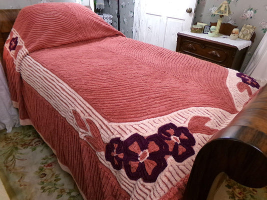 exceptional plush vintage chenille bedspread in wonderful warm colors, full size heavyweight bedding