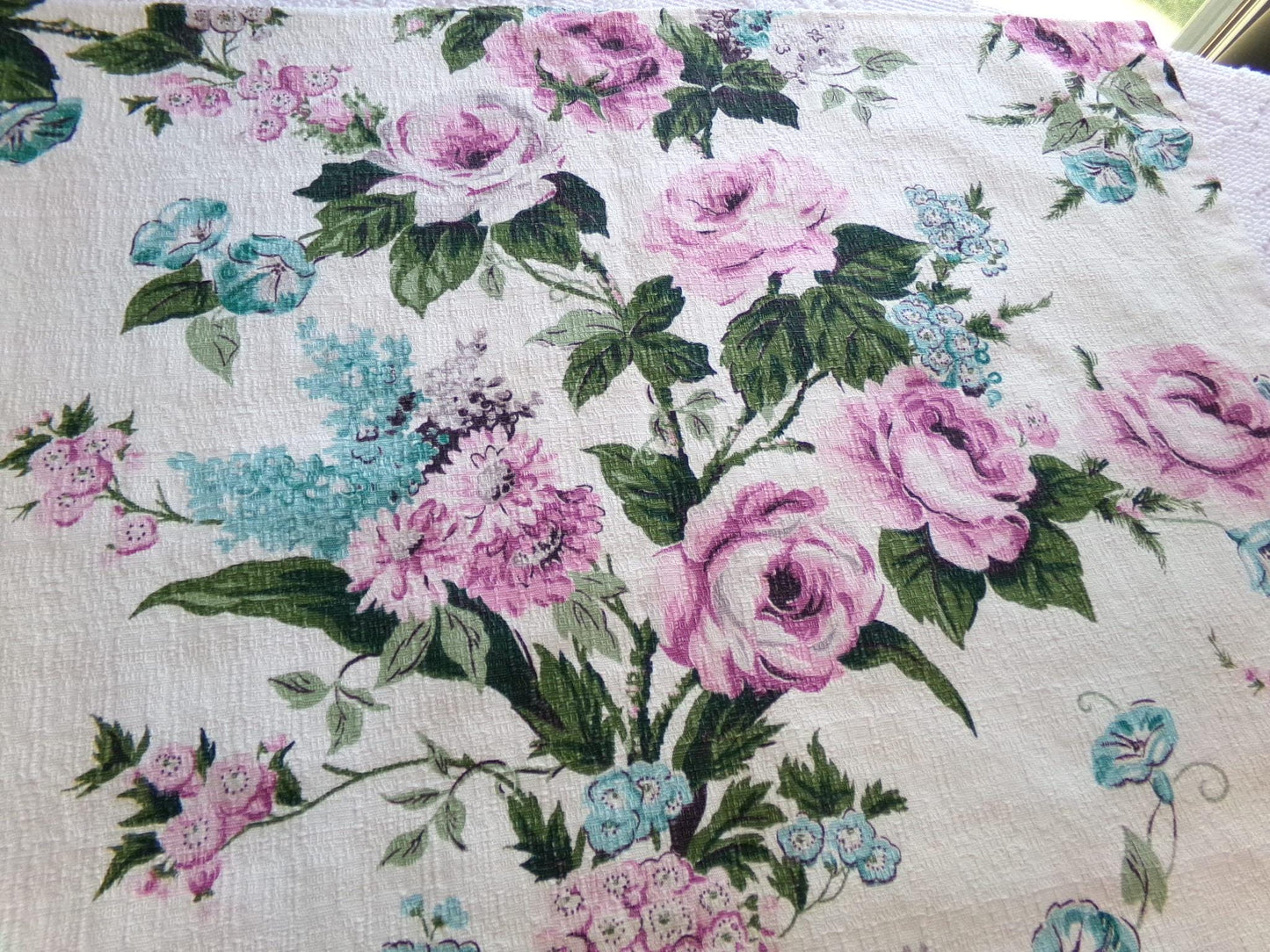 Vintage Barkcloth Fabric, Shabby Cottage Chic Roses on Aged White, 18" x 25" Cut Fabric Piece from a Deconstructed bark cloth curtain panel