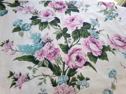 Vintage Barkcloth Fabric, Shabby Cottage Chic Roses on Aged White, 18" x 25" Cut Fabric Piece from a Deconstructed bark cloth curtain panel