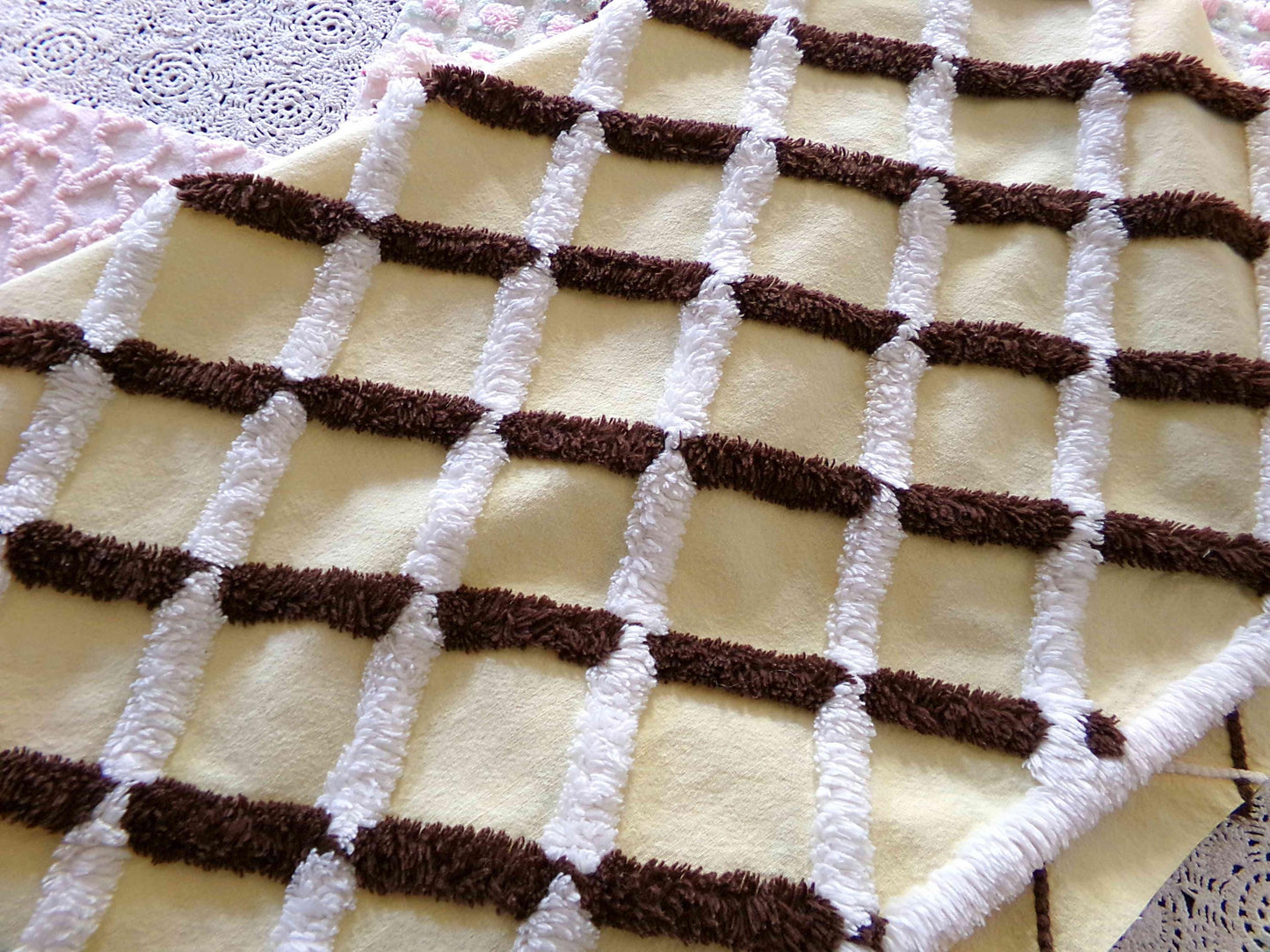 Buttery Yellow Chenille Crosshatch Fabric, Wide Tufted Chocolate Brown & White Lines, 20" x 25" inch Vintage MCM Cotton Material