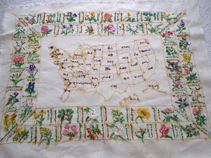 Vintage Embroidery Sampler 50 United States Flowers USA Map Heirloom Piece on 100% Belgian Linen, Paragon Stitchery, Completed, Unframed