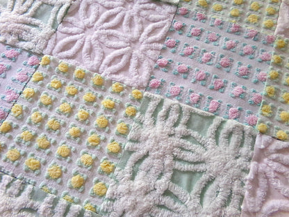 spring medley vintage chenille fabric squares, set of 16 pretty 6" quilt blocks, yellow & pink rosebud, daisy flower, white, mint green
