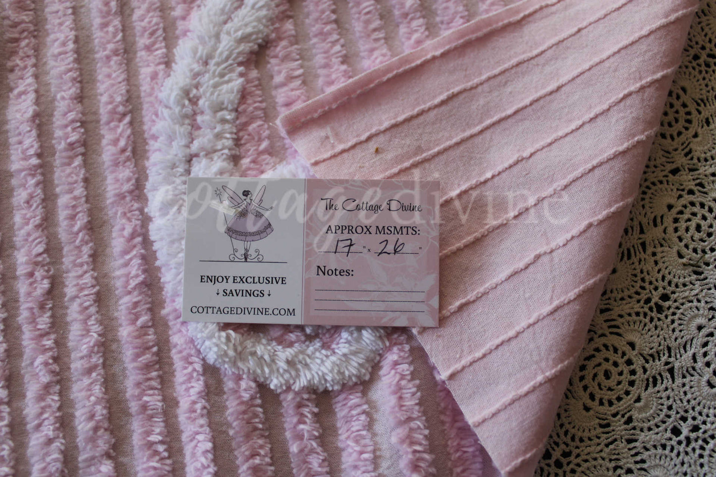 Simple Pink Floral Scroll Vintage White Chenille Fabric, 26" x 17" inch Piece, Great for Pillow Front