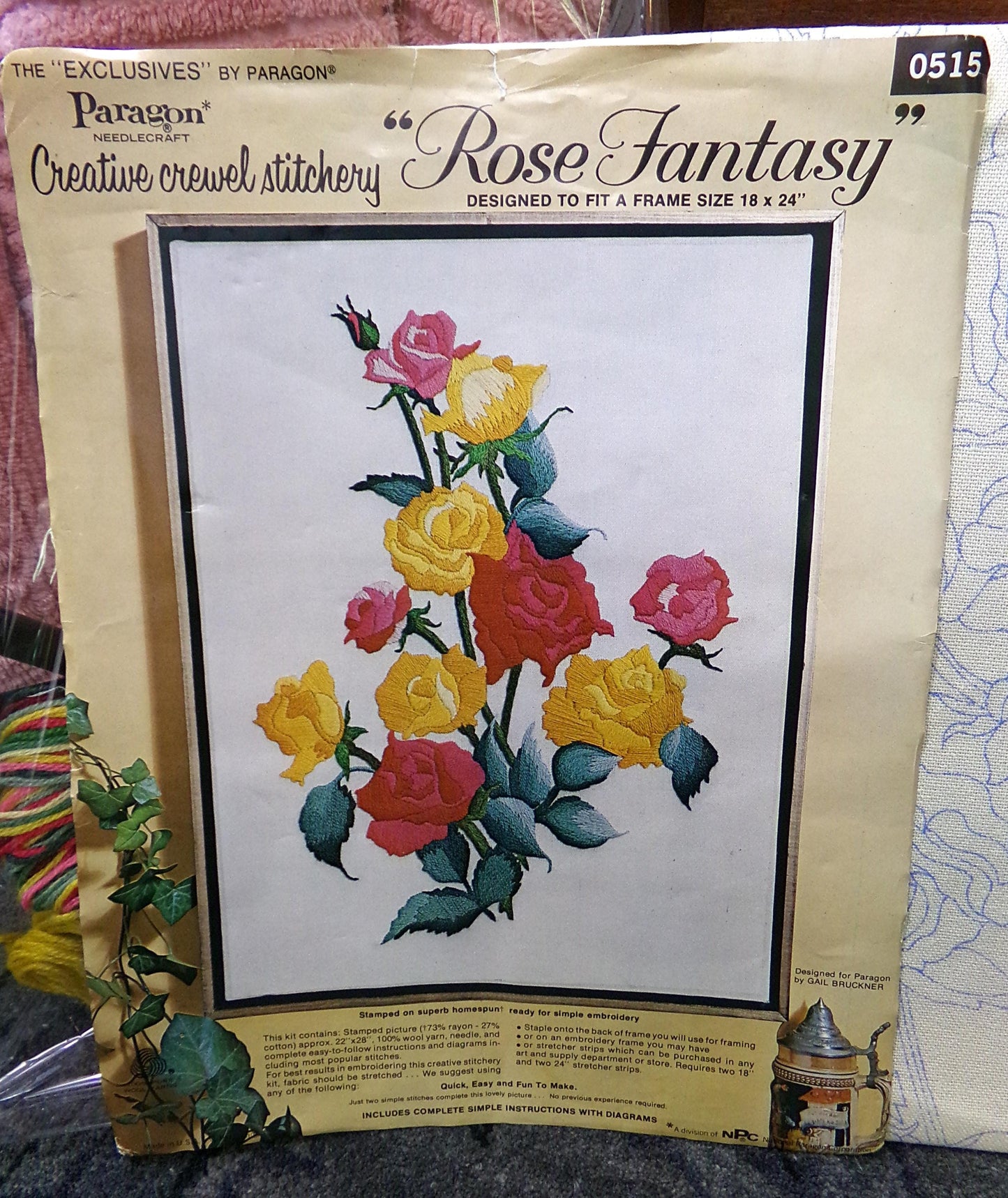 ROSE FANTASY Vintage Paragon Crewel Embroidery Kit #0515, Elegant Garden Roses Stitchery, Gail Bruckner Design