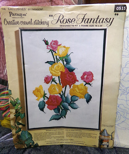 ROSE FANTASY Vintage Paragon Crewel Embroidery Kit #0515, Elegant Garden Roses Stitchery, Gail Bruckner Design