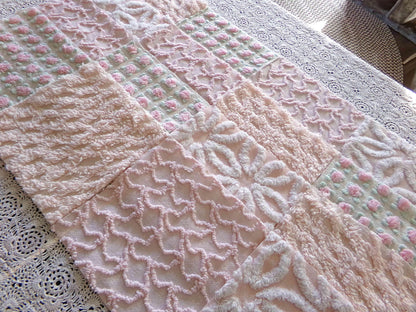 Spring Glow Chenille Quilt Squares Set from Vintage Bedspread Fabric, 16 Blocks, 6" inch ea in pretty daisies, pink rosebuds, peach lattice