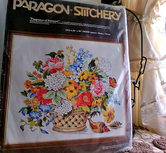 Heirloom FRAGRANCE OF SUMMER Huge Vintage 1981 Paragon Needlecraft Floral Crewel Embroidery Stitchery Kit #0602, American Greetings Corp