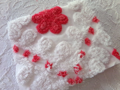 red roses in snow white vintage chenille fabric, 21" x 23" inch piece of shabby style sewing material for quilts & crafts