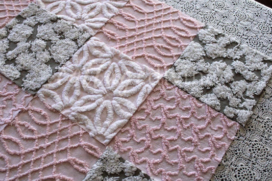 pink mist vintage chenille fabric squares, set of 16 rotary cut 6" quilt blocks in beautiful colors, grey fog, snowy white, blush pinks