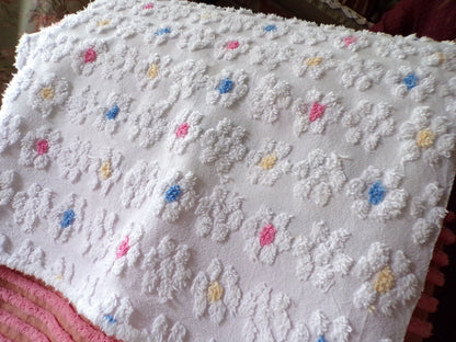 Adorable Rainbow Daisy Vintage Style Chenille Fabric, White Floral 20" x 22" inch Piece, So Cute in Quilts & Sewing Projects