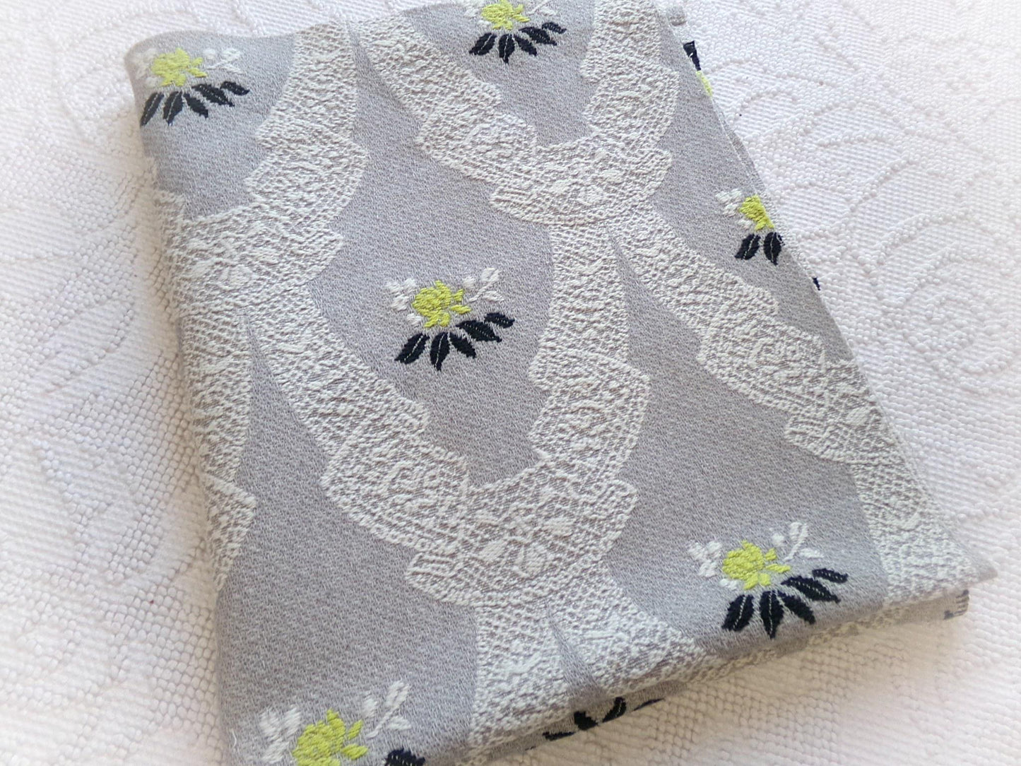 starlight silver swag vintage woven fabric piece, white lace designs, cool grey, chartreuse rose florals, reversible Bates design, 22" x 27"