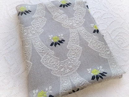 starlight silver swag vintage woven fabric piece, white lace designs, cool grey, chartreuse rose florals, reversible Bates design, 22" x 27"