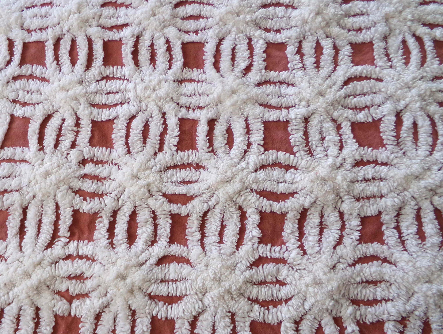 Earthy Terracotta Vintage Chenille Fabric, Plush White Tufted Petal Design, 20" x 24" inch Piece, 100% Cotton Material for Quilts & Crafts