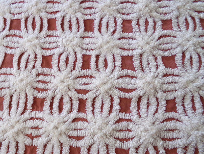 Earthy Terracotta Vintage Chenille Fabric, Plush White Tufted Petal Design, 20" x 24" inch Piece, 100% Cotton Material for Quilts & Crafts