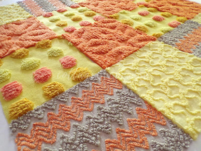 Retro Hippie Quilt Squares Set, from Vintage Chenille Bedspread Fabric, 16 Blocks, 6" x 6" inch