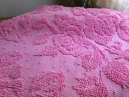 Romantic Pink Rose Dot Vintage Fabric, Reversible Chenille Woven Hobnail Design, 19" x 25" inches,