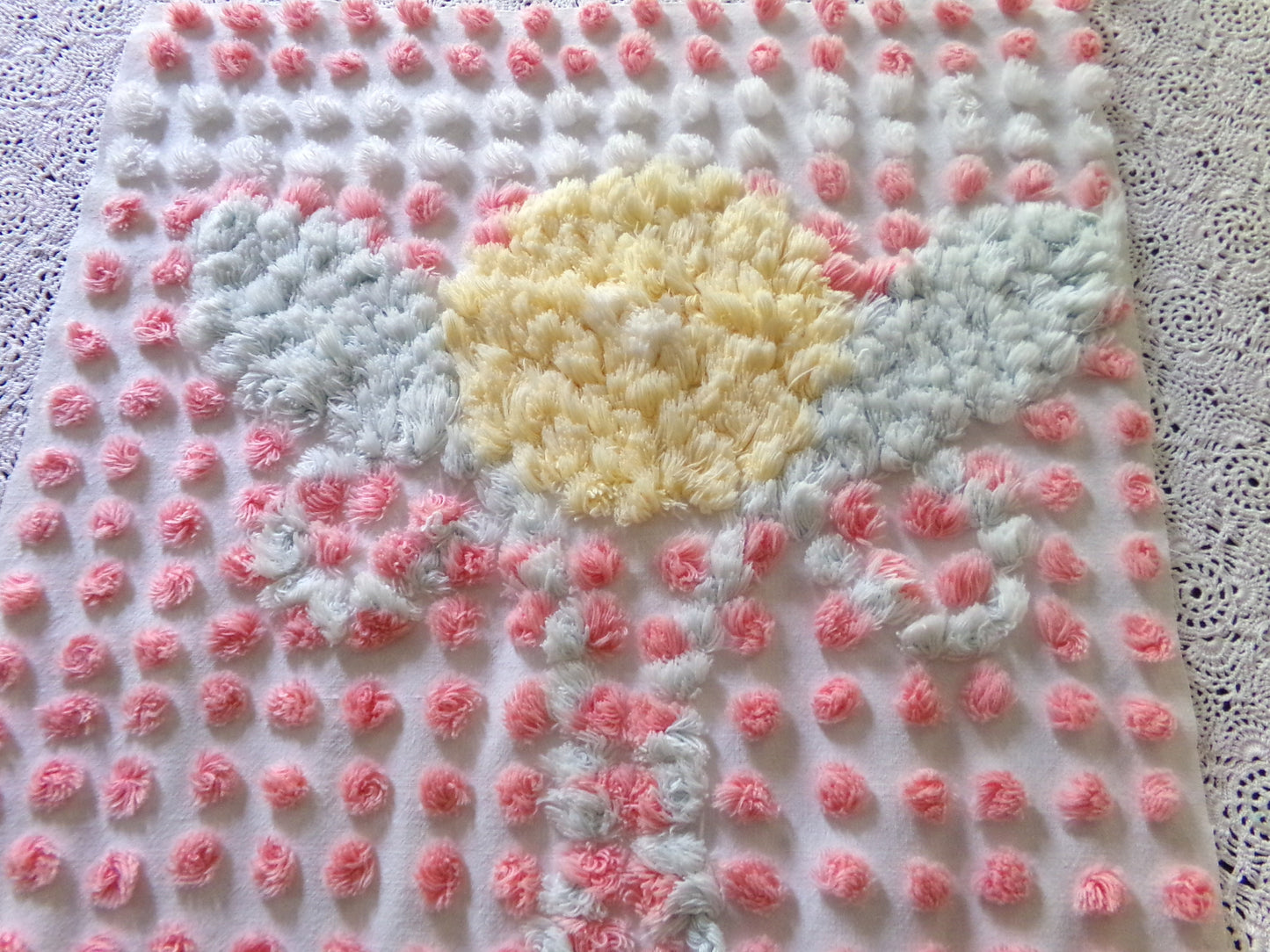 Precious Pink Pops Vintage Chenille Fabric, 15" x 28" Inch Piece, 100% Cotton, Antique Handtufted Plush Flower, Great for DIY Pillows