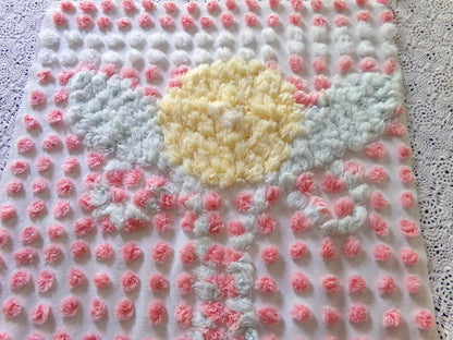 Precious Pink Pops Vintage Chenille Fabric, 15" x 28" Inch Piece, 100% Cotton, Antique Handtufted Plush Flower, Great for DIY Pillows
