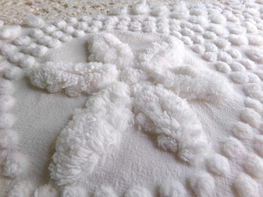 sweet stars 3D vintage chenille fabric, 100% cotton antique white sewing material for pillows, handmade chenille quilts, 28" x 18" cut piece