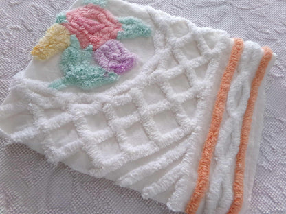 pastel springtime flower bouquet in tufted white webbed chenille, 21" x 25" inch vintage fabric piece