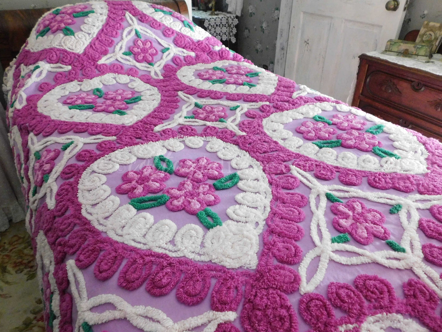 Vintage Chenille Bedspread, Lavender Hearts Hugging Flower Trios in Swirls of Fluffy Tufts, Full Size 1950s Midcentury Design, 100% Cotton