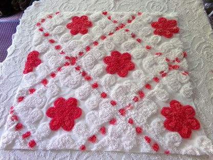 red roses in snow white vintage chenille fabric, 21" x 23" inch piece of shabby style sewing material for quilts & crafts