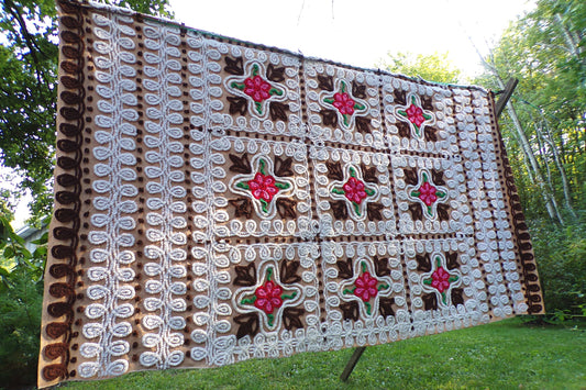 Boho Vintage Chenille Bedspread, Pink Roses on Cocoa Brown, Full Size Cotton Bedding