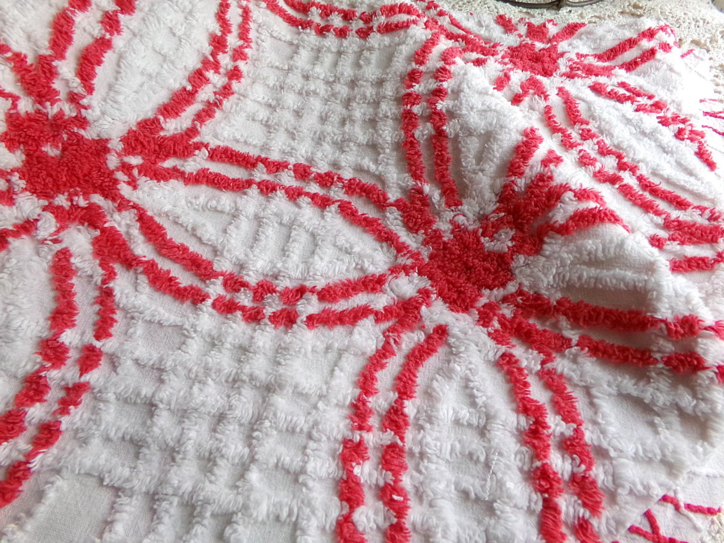 peppermint candy vintage chenille fabric, red & white wedding rings, 100% cotton, 20" x 25" inch piece, great in Christmas stockings, quilts