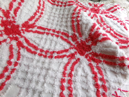 peppermint candy vintage chenille fabric, red & white wedding rings, 100% cotton, 20" x 25" inch piece, great in Christmas stockings, quilts