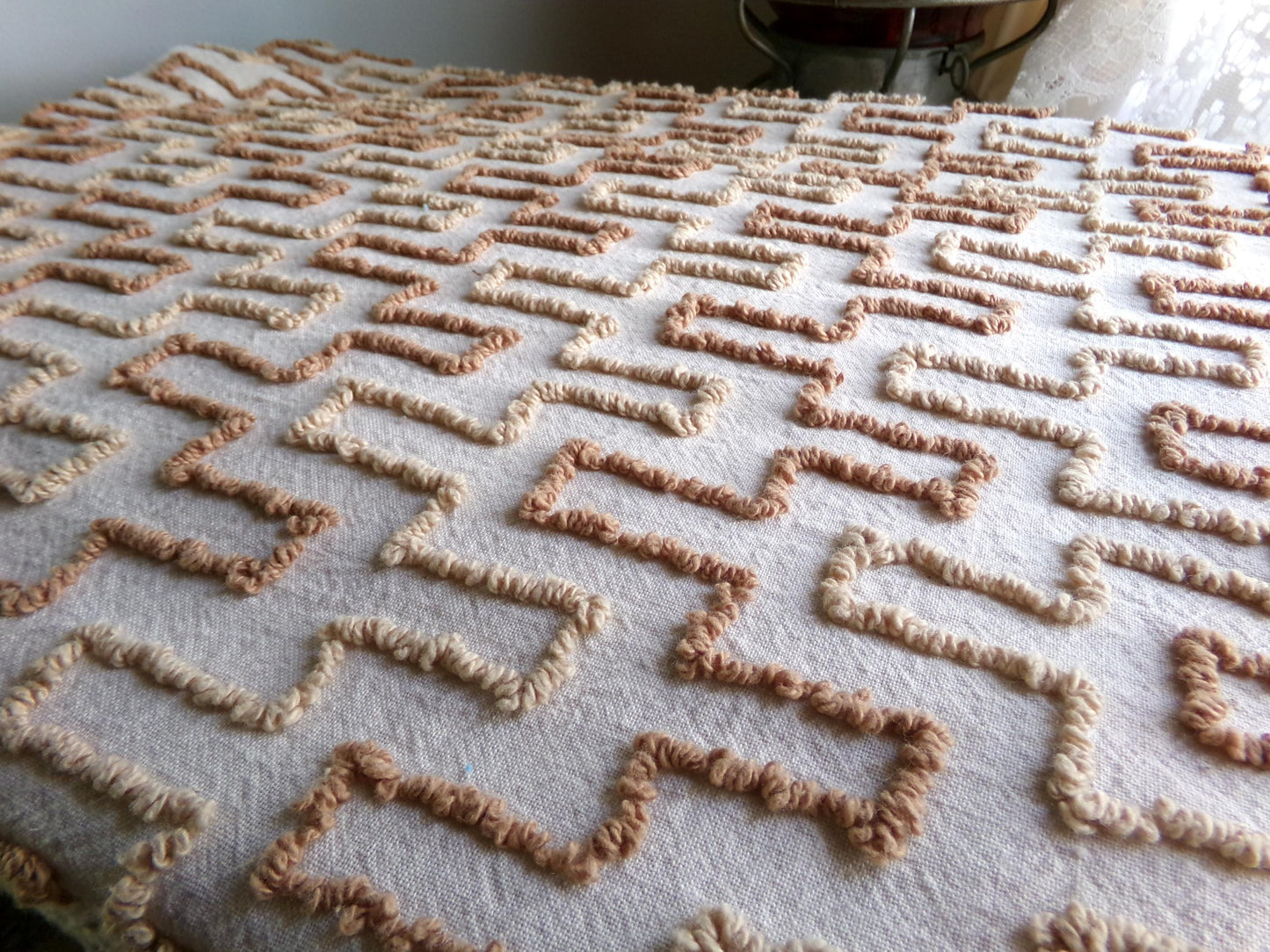 Sandcastles Vintage Chenille Fabric, 18" x 24" Piece, Earthtone Geometric Boho Browns, for Quilts, Sewing, Fiber Arts, Crafts